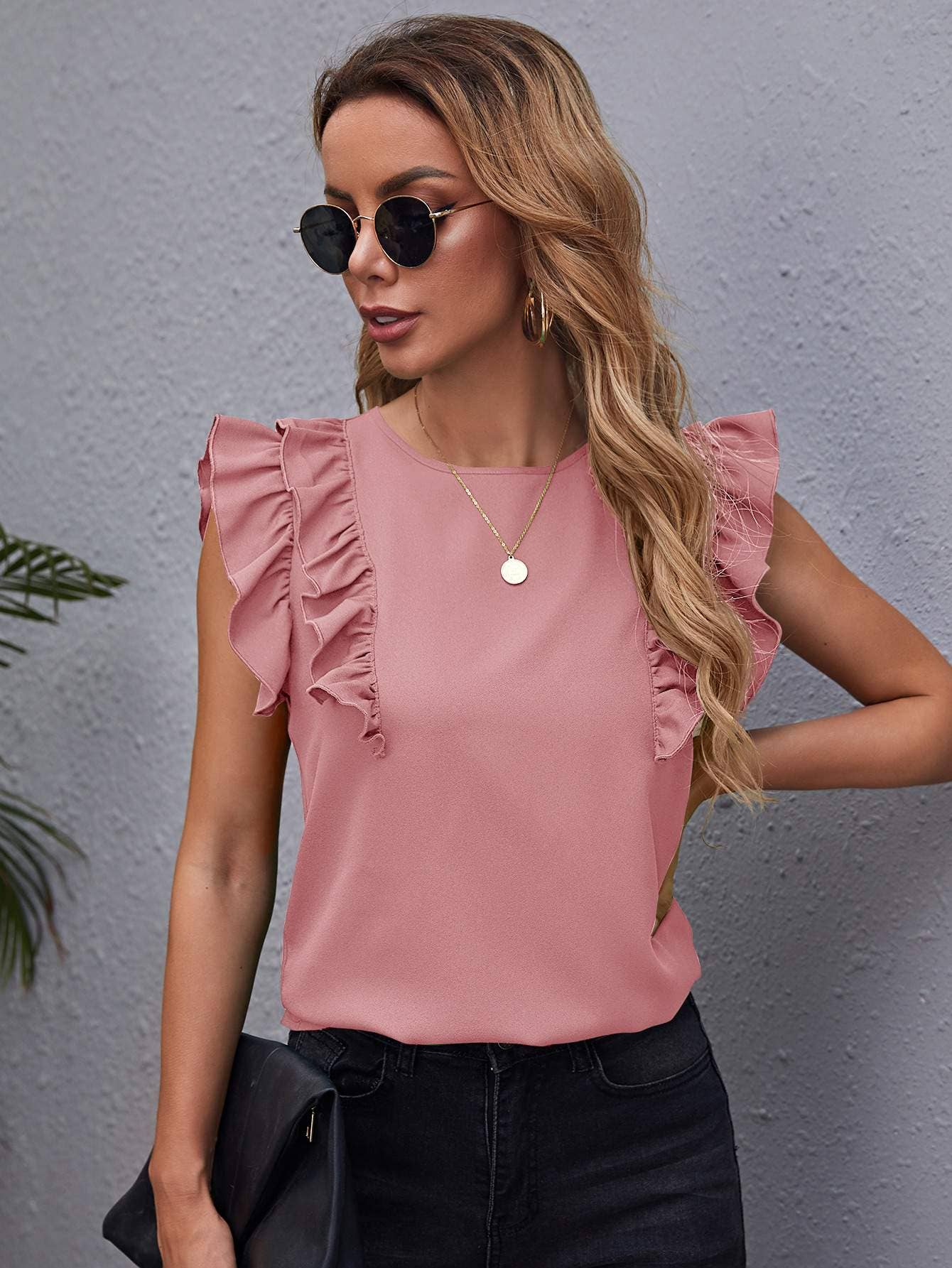 Ruffle armhole solid top: DUSTY