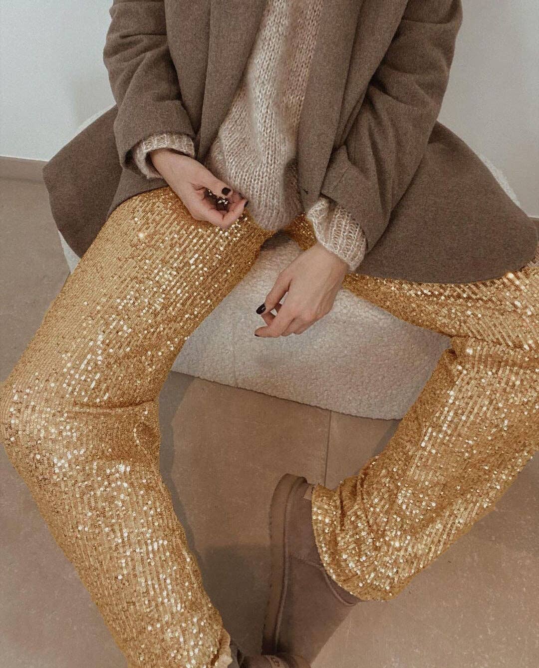 Sweetkama Ladies Solid Glitter Sequin Long Loose Pants: