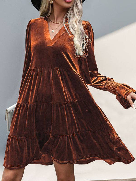 A-Line Long Sleeves Pleated Solid Color Velvet V-Neck Mini Dresses: