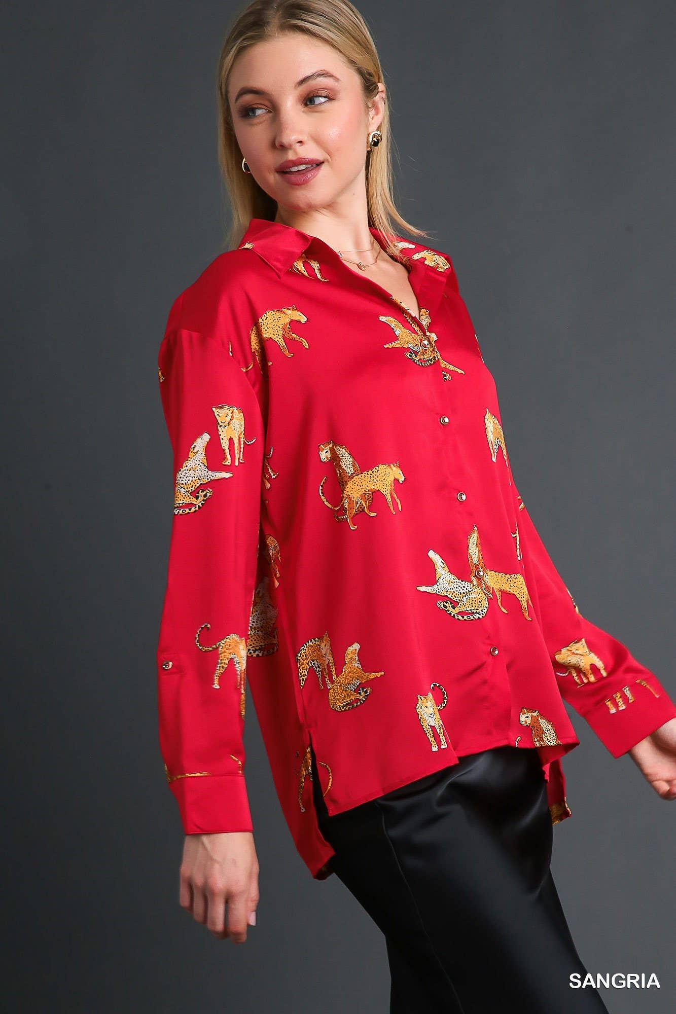 Satin Animal Print Button Down Blouse: Beige