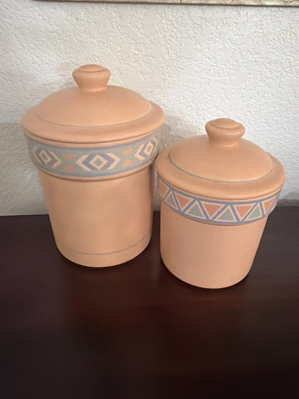 2 vintage Treasure Craft Southwestern Aztec / Santa Fe canister set from around the late 1980s or early 1990s