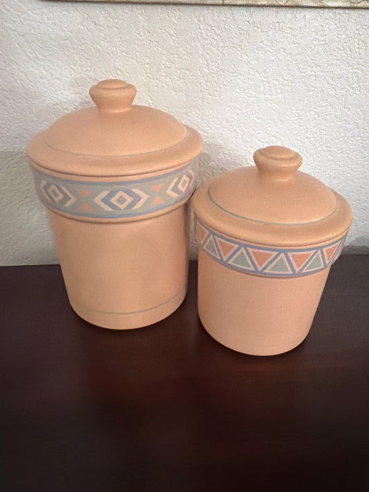 2 vintage Treasure Craft Southwestern Aztec / Santa Fe canister set from around the late 1980s or early 1990s