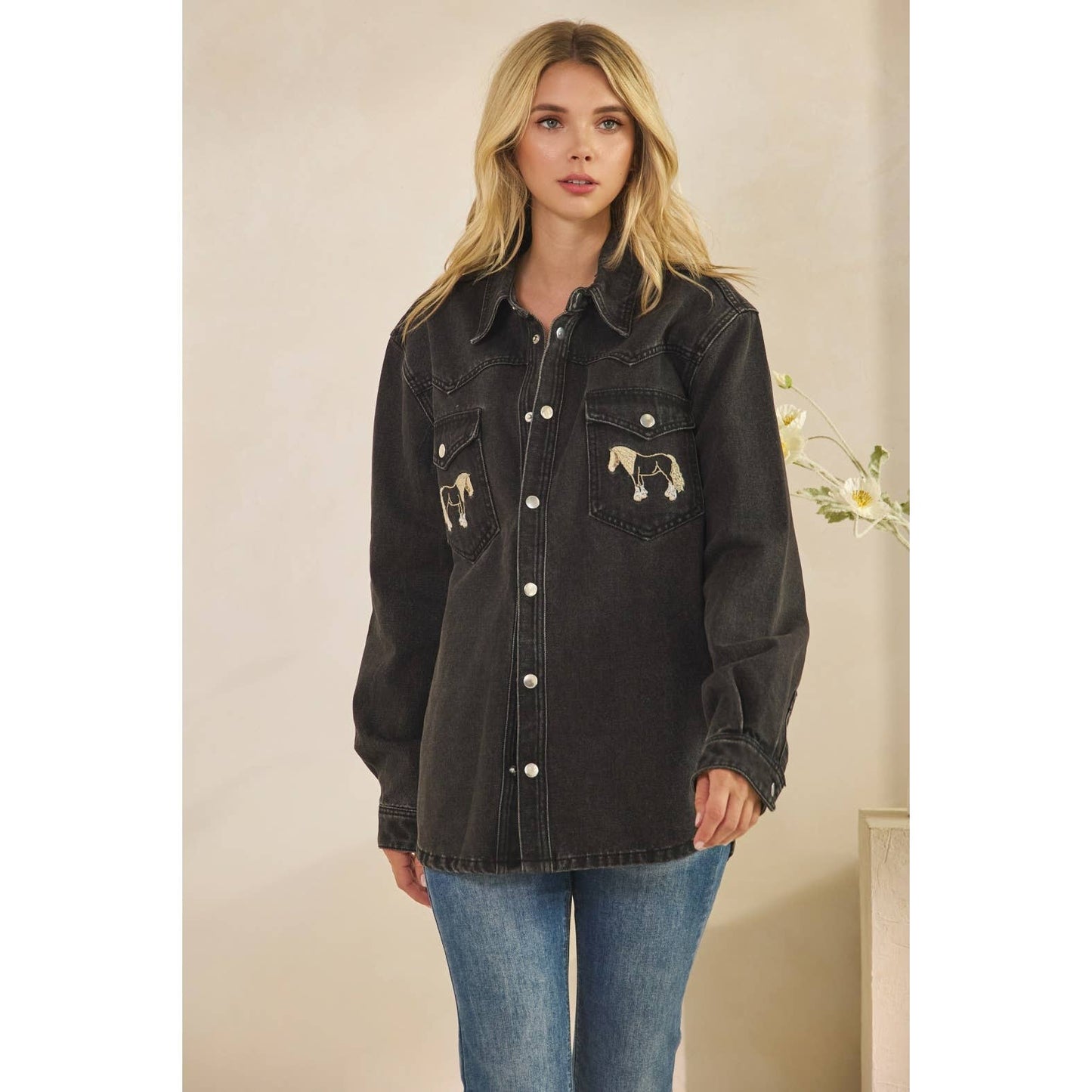 Denim Jacket with Horse Embroidery: Medium Wash