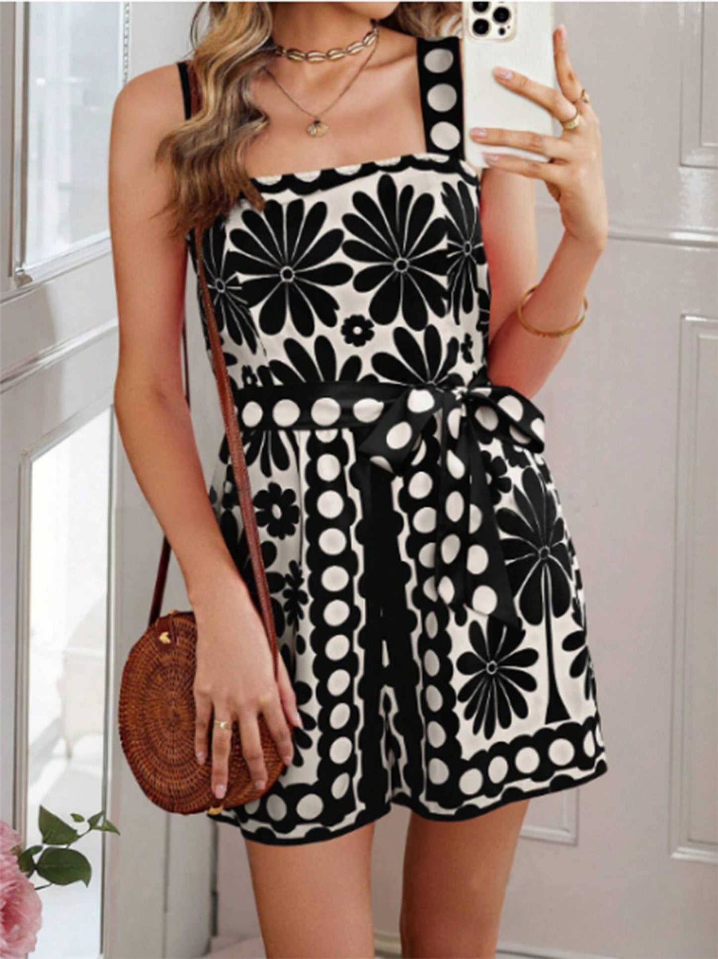 Printed Sleeveless Button Tied Jumpsuit