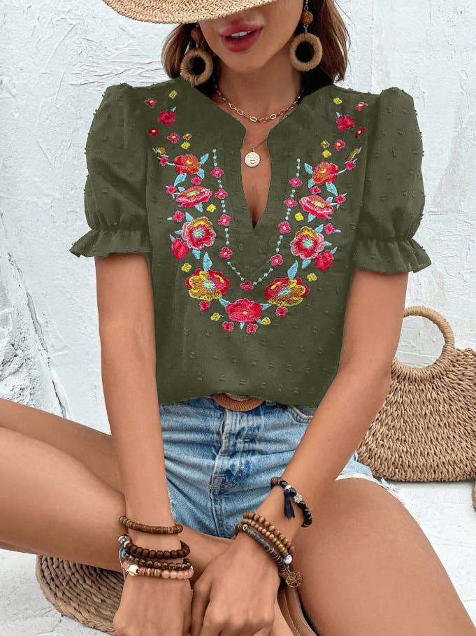 Boho Embroidered Floral Ruffle Top: NavyBlue