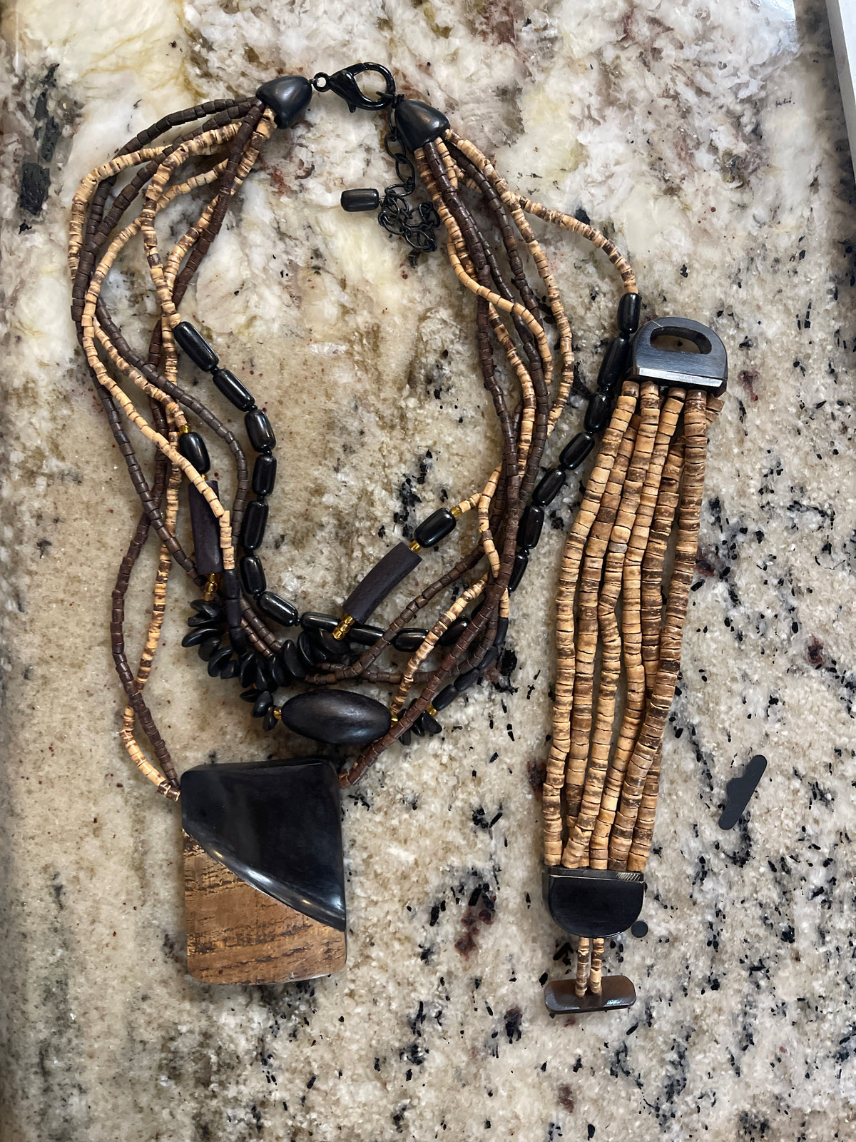 bohemian-style multi-strand beaded necklace and bracelet
