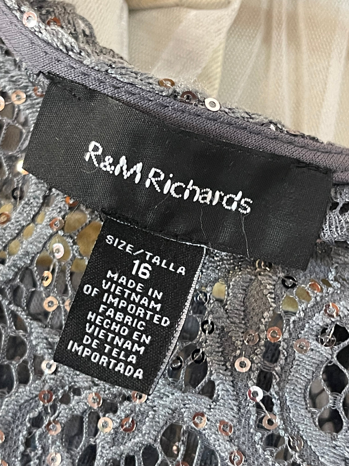 R&M Richard’s Gray Sequin Top Silver Paisley Design