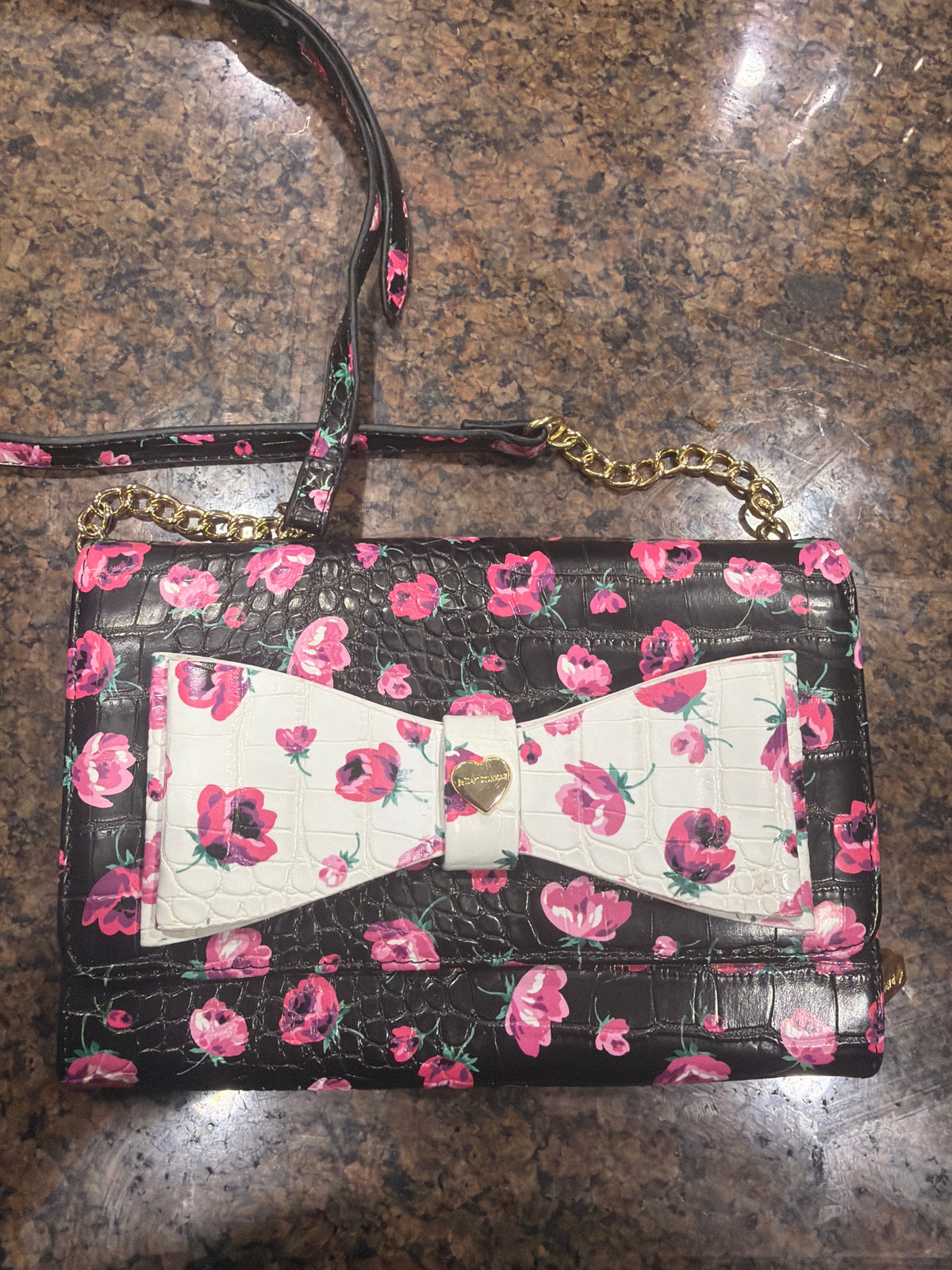 Betsey Johnson Dani Croc-Embossed Floral Bow Crossbody Wallet Bag