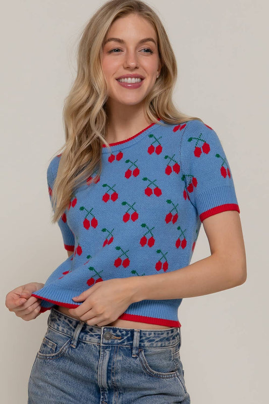 Short Sleeve Contrasting Edge Line Cherry Pattern Sweater