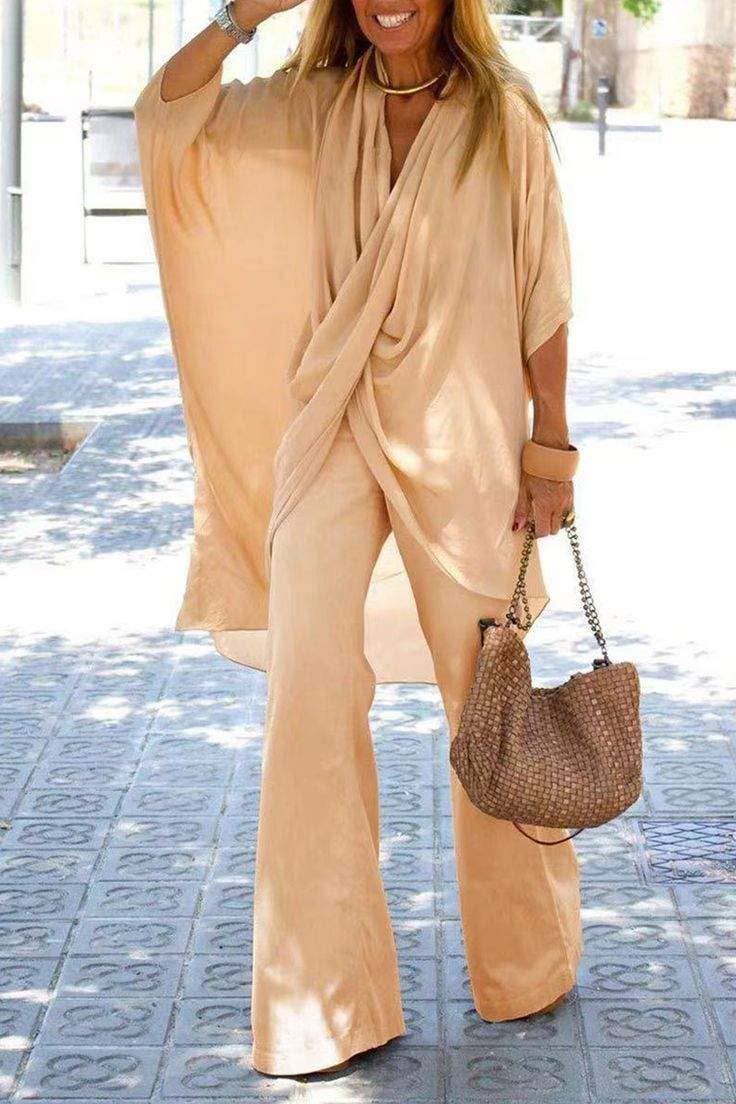 Fold asymmetrical v neck half sleeve two pieces