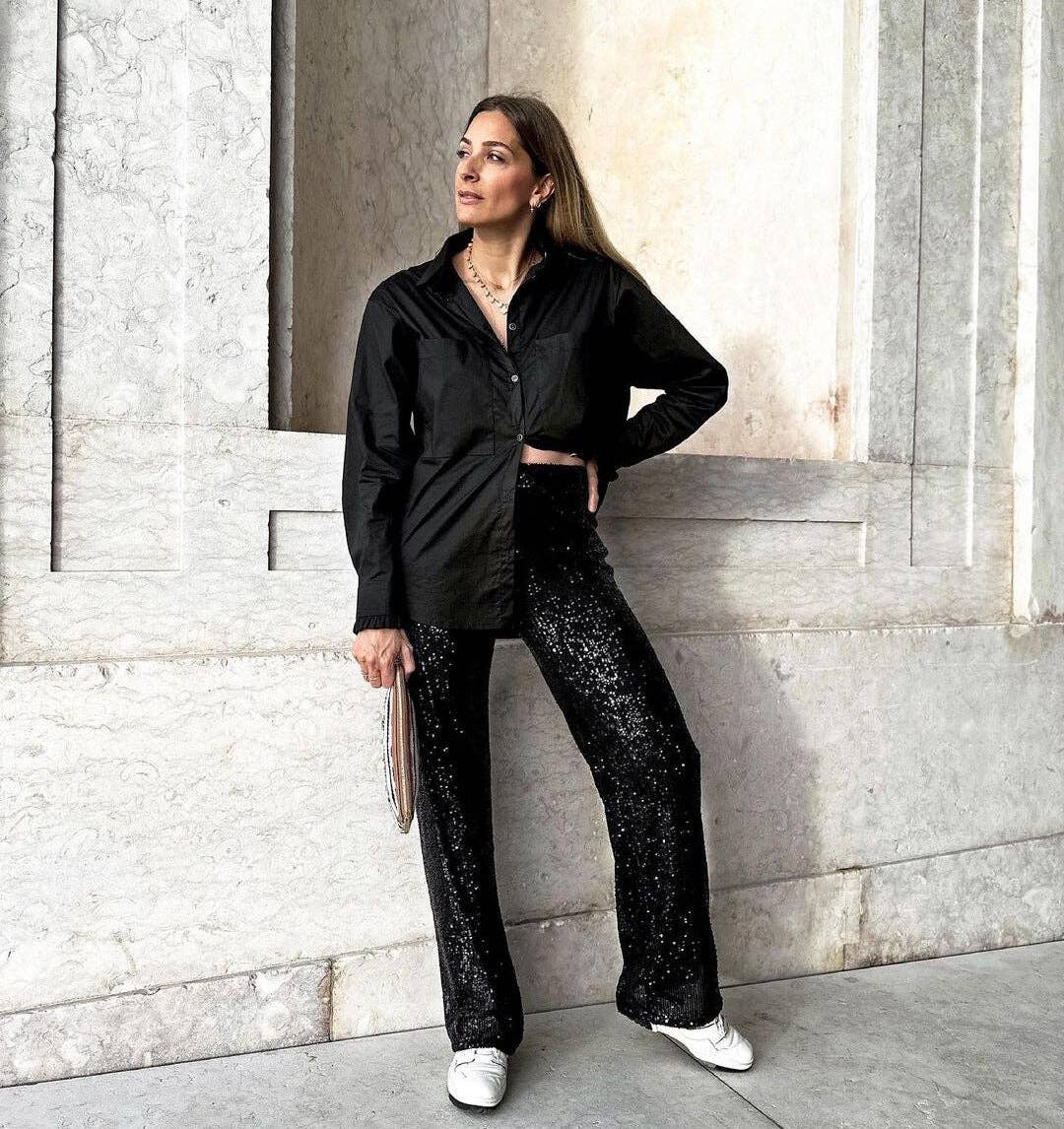 Sweetkama Ladies Solid Glitter Sequin Long Loose Pants: