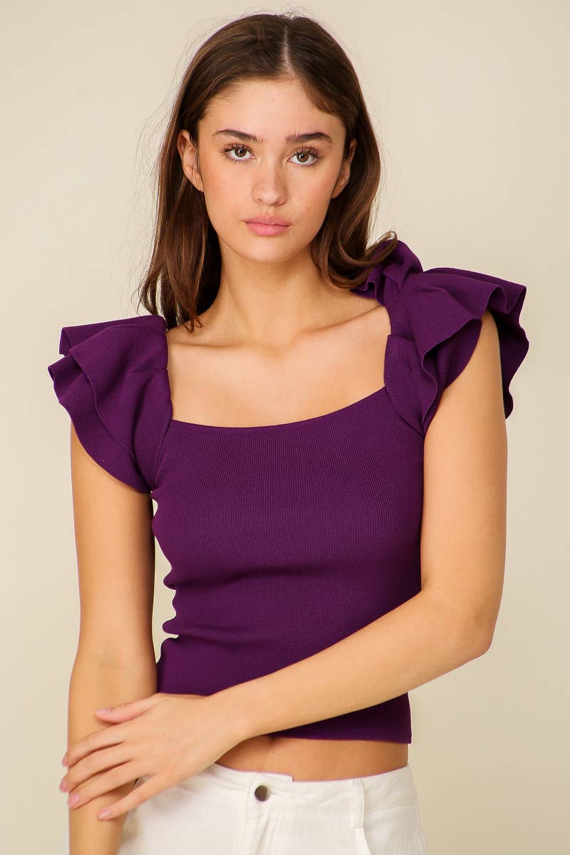 Double Ruffled tiered sleeve ribbed knit top:
