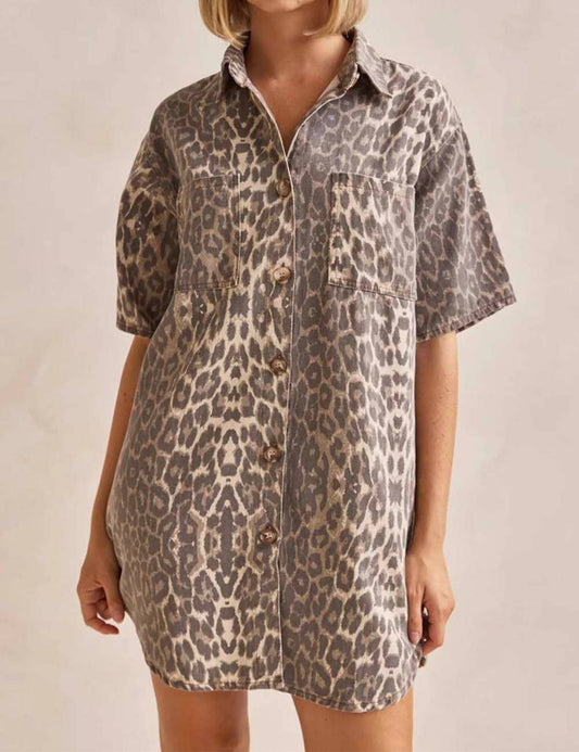 Ladies Leopard Turndown Collar Top & Skirt Denim Set: Leopard