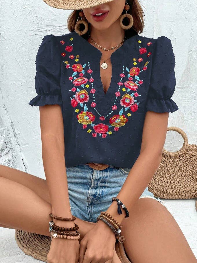 Boho Embroidered Floral Ruffle Top: NavyBlue