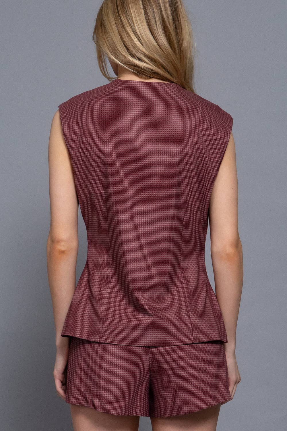 Sleeveless  Crew Neck Front Button Down Checked Vest: TPE-taupe