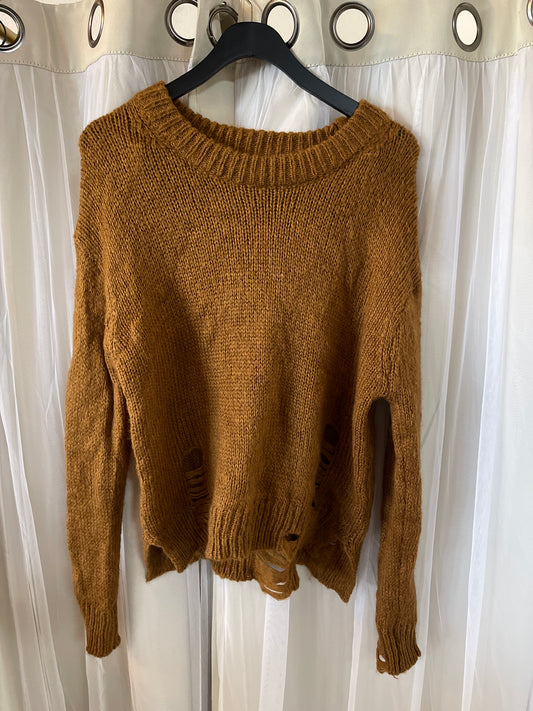 Olivaceous Distressed Sweater Brown Gold Holes Long Sleeve Wool Blend