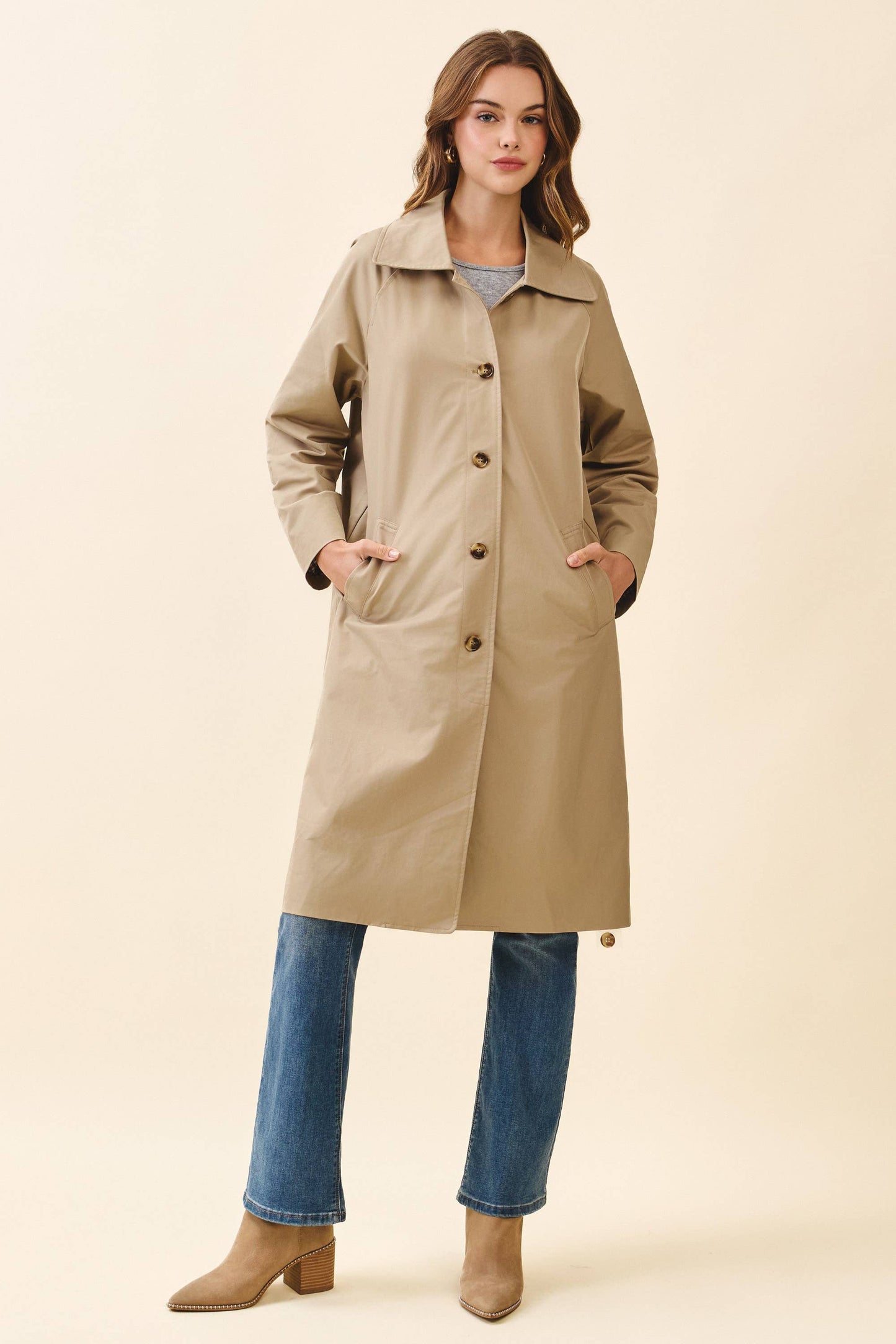 Longline Spread Collar Front Button Trench Coat: Beige