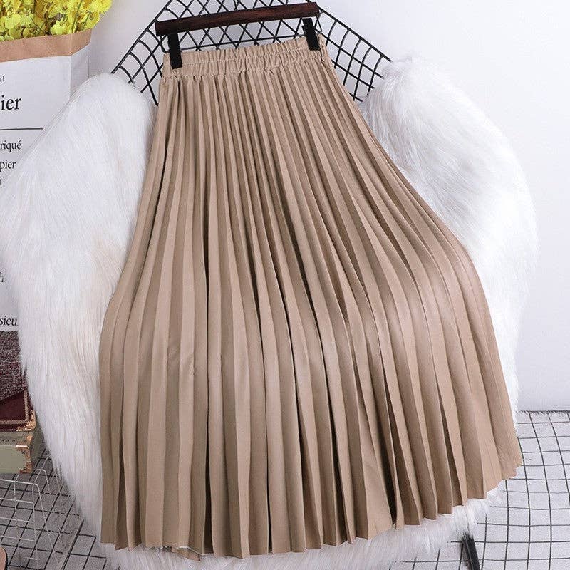 High Waisted Elastic A-Line Pleated PU Leather Mini Skirt: COFFEE / One_size