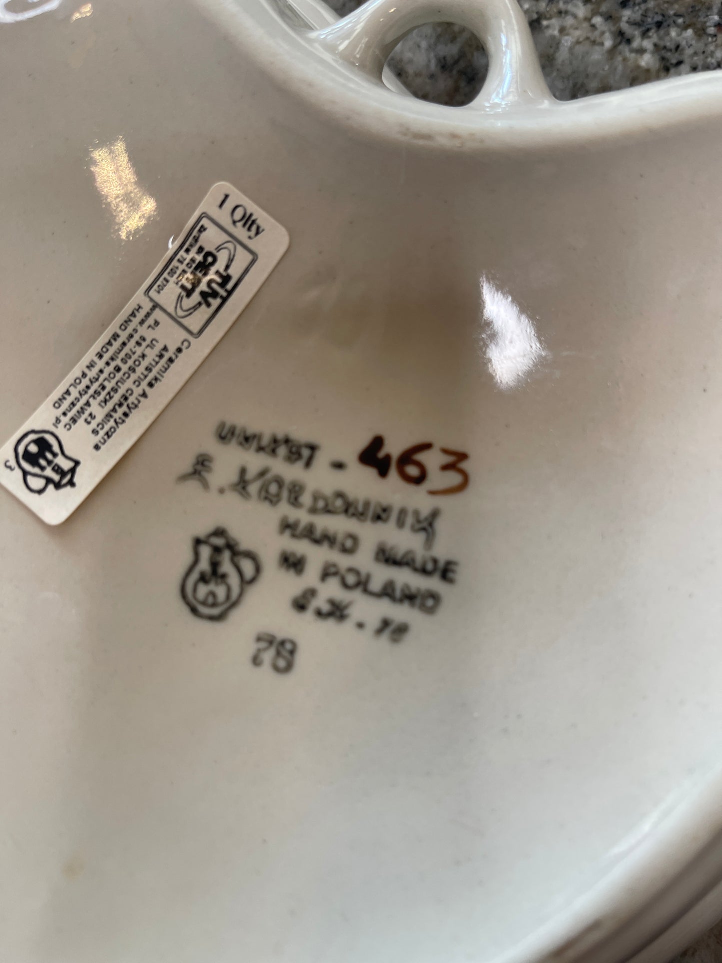 Boleslawiec Polish Pottery heart-shaped bowl, specifically from the Unikat (signature) collection 463