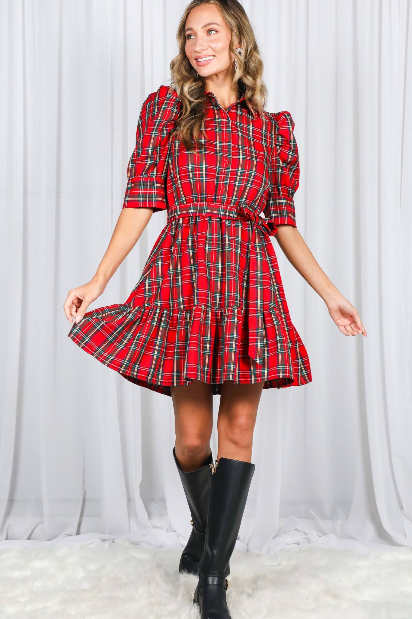 Plaid Short Puff Sleeve Mini Dress VD82293A: Red / L