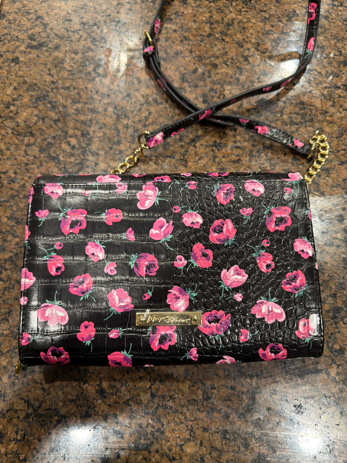 Betsey Johnson Dani Croc-Embossed Floral Bow Crossbody Wallet Bag