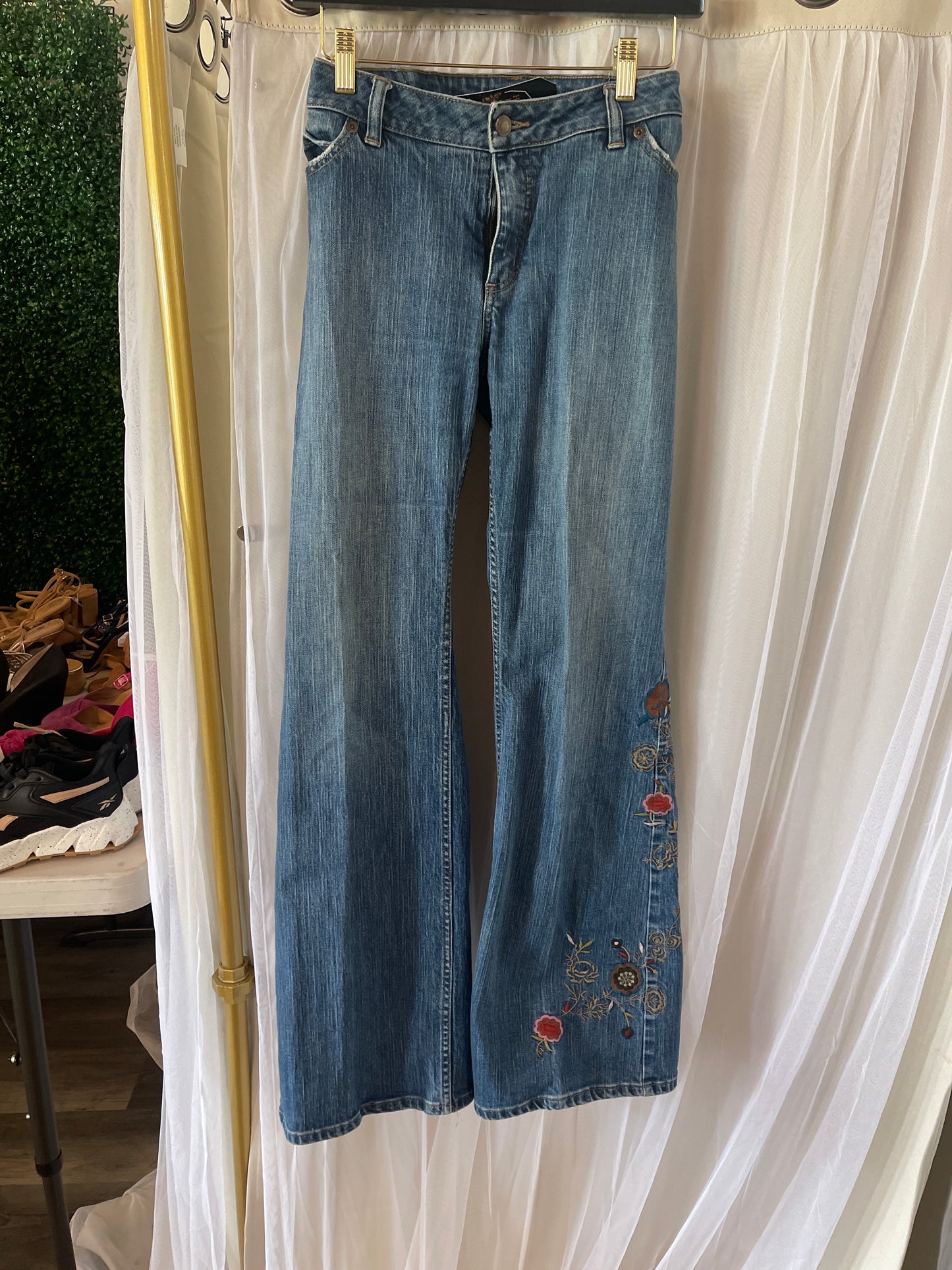 Y2K Caslon Low Rise Flare Jeans with Floral Embroidery.