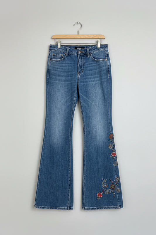 Y2K Caslon Low Rise Flare Jeans with Floral Embroidery.
