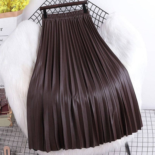 High Waisted Elastic A-Line Pleated PU Leather Mini Skirt: COFFEE / One_size