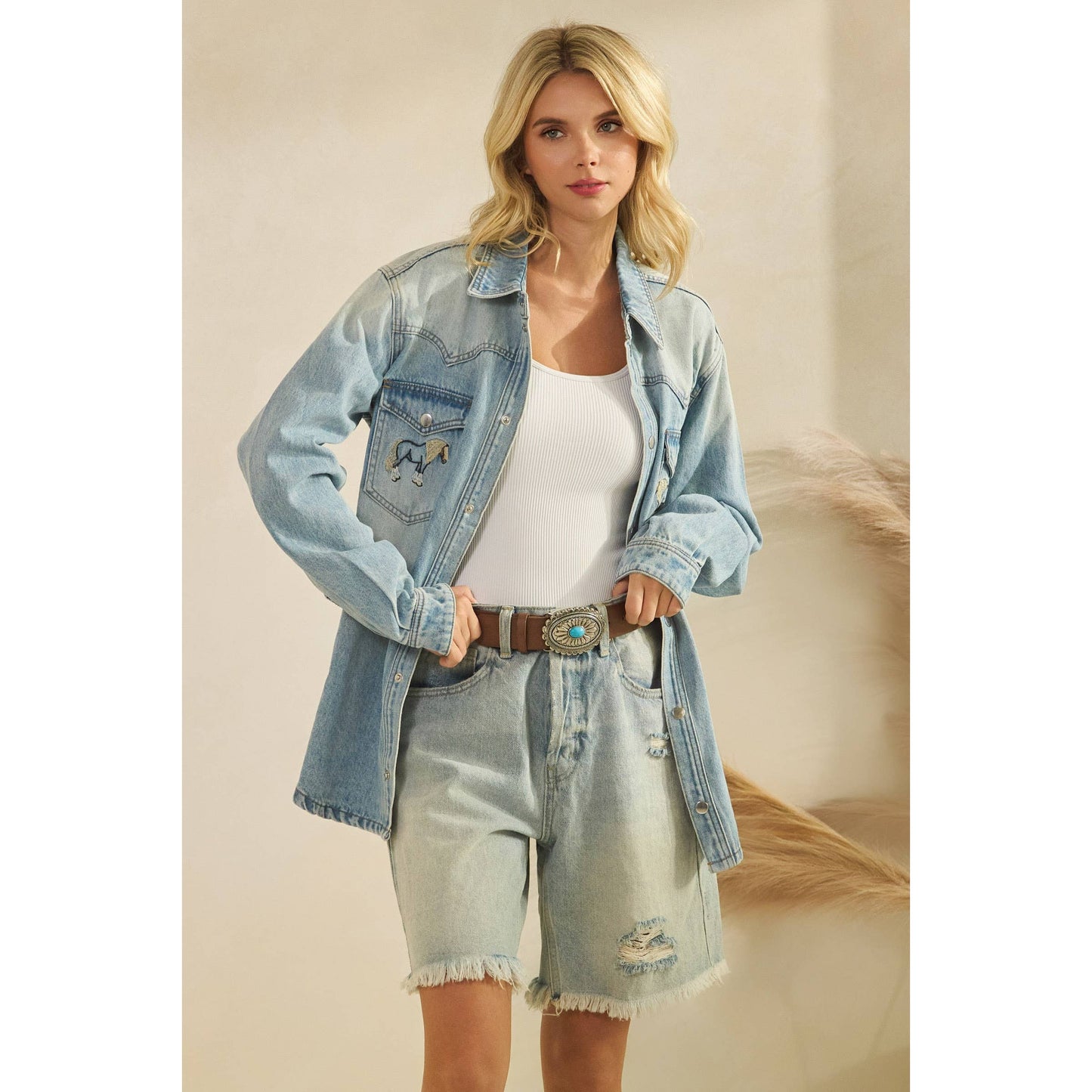 Denim Jacket with Horse Embroidery: Medium Wash