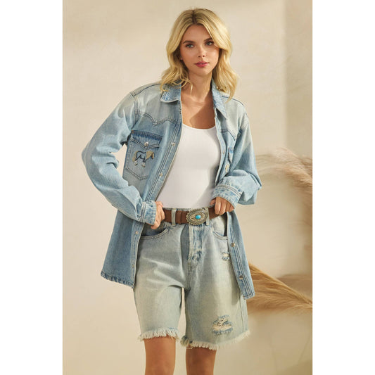 Denim Jacket with Horse Embroidery: Medium Wash