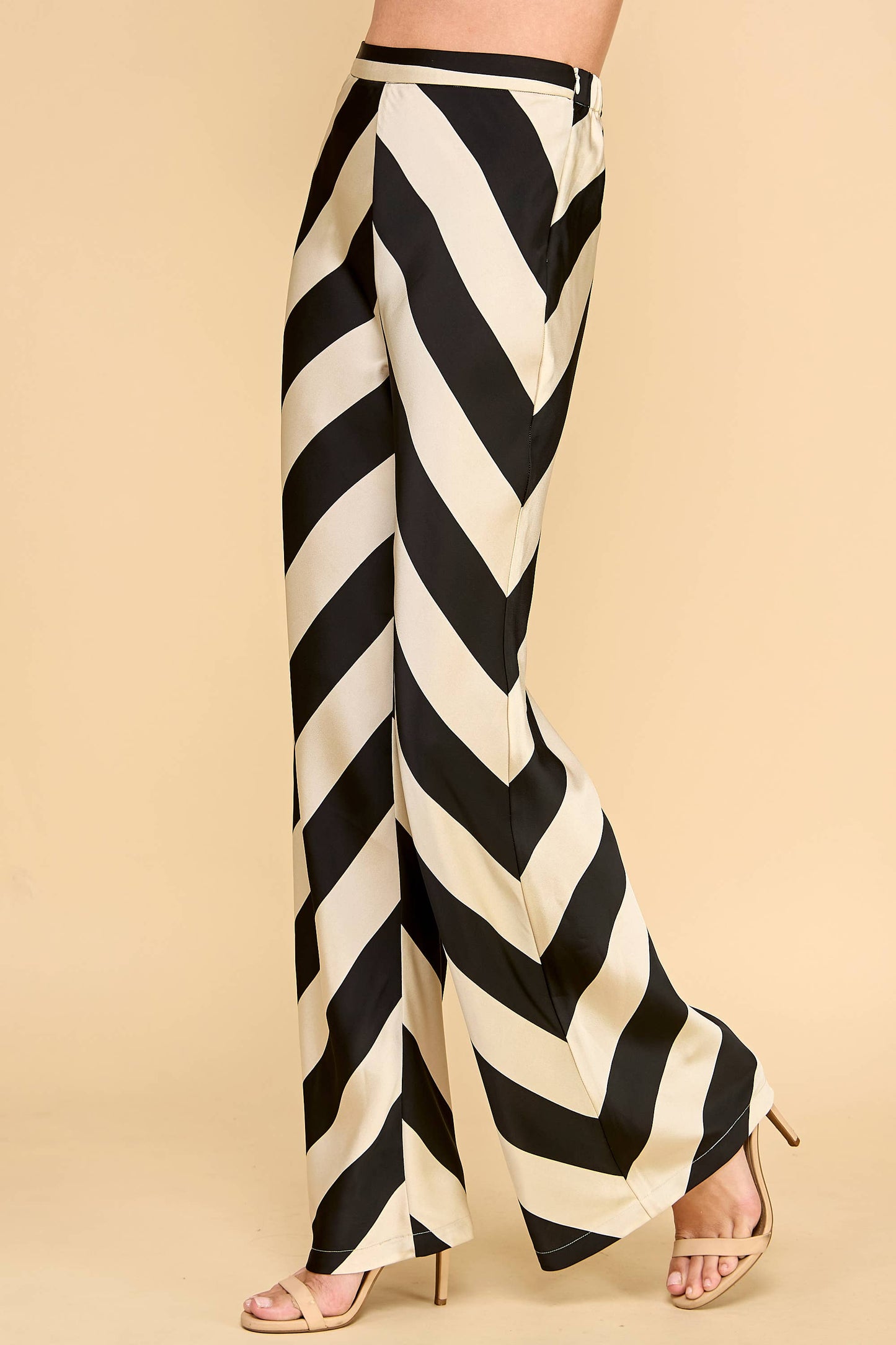 CP10253-Chevron Stripes Elastic Band Satin Wide Leg Pants: Beige