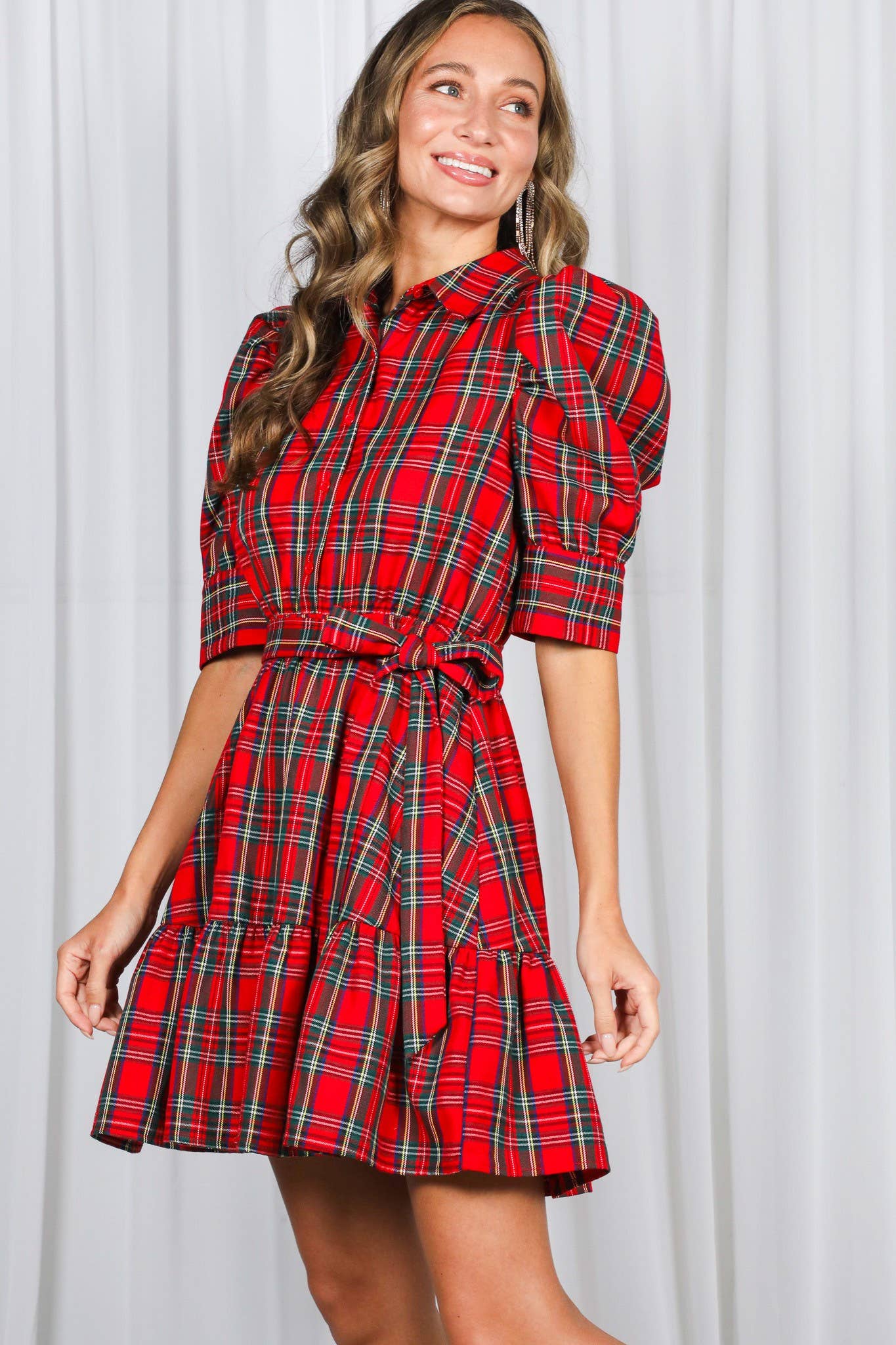 Plaid Short Puff Sleeve Mini Dress VD82293A: Red / M