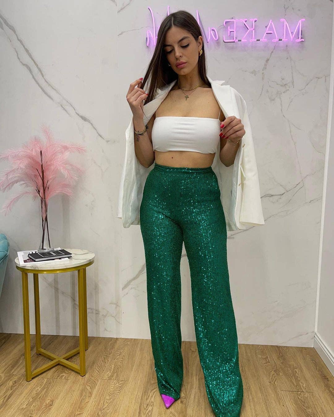 Sweetkama Ladies Solid Glitter Sequin Long Loose Pants: