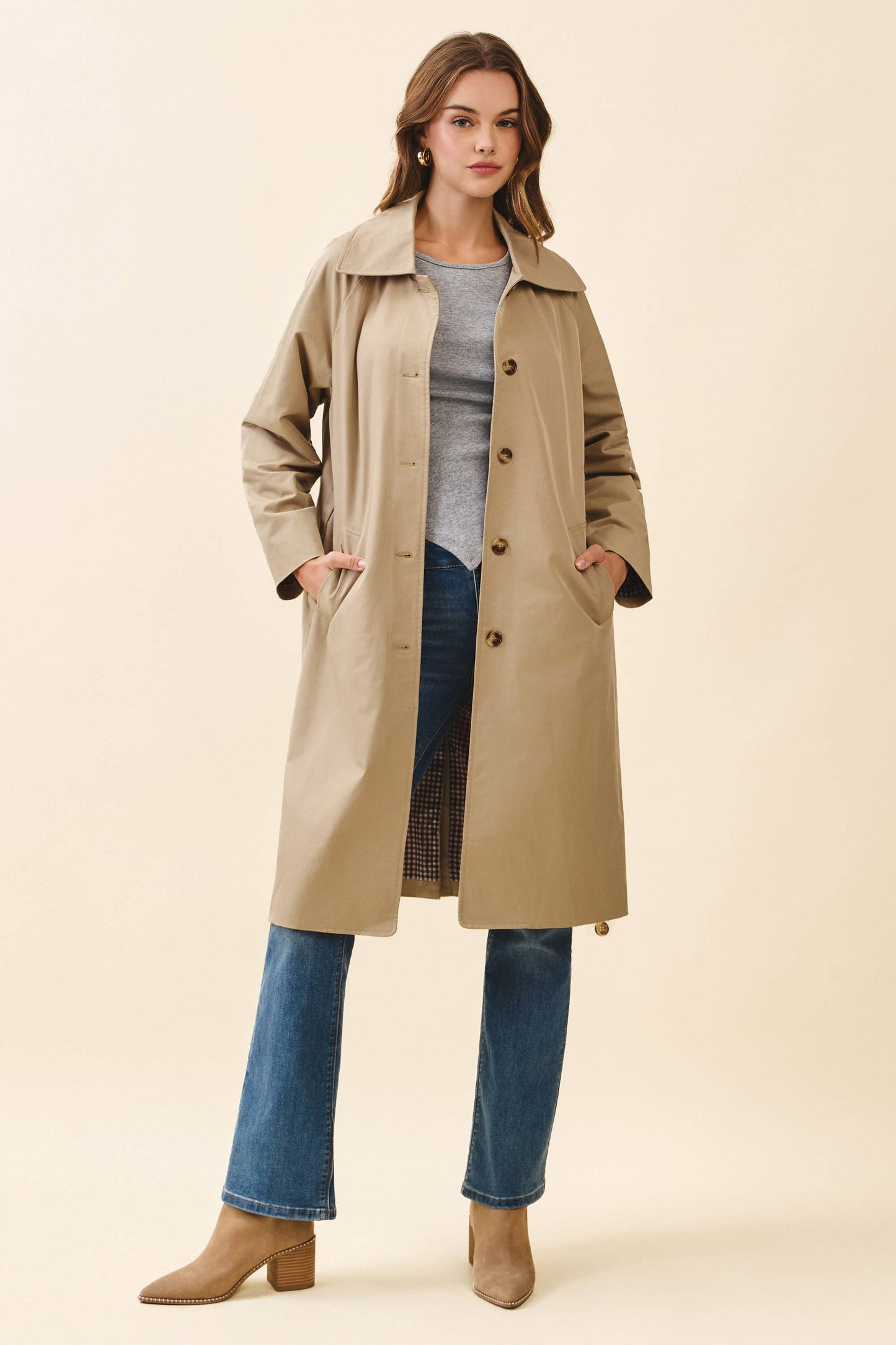 Longline Spread Collar Front Button Trench Coat: Beige