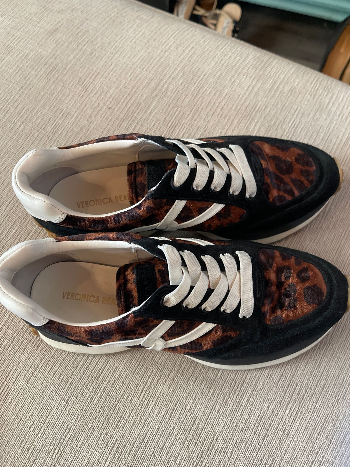VERONICA BEARD
Leopard-Print Velvet, Leather and Suede Sneakers size 8.5