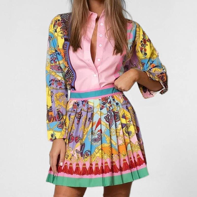 Long Sleeve Shirt And Pleated Skirt Set: PINK