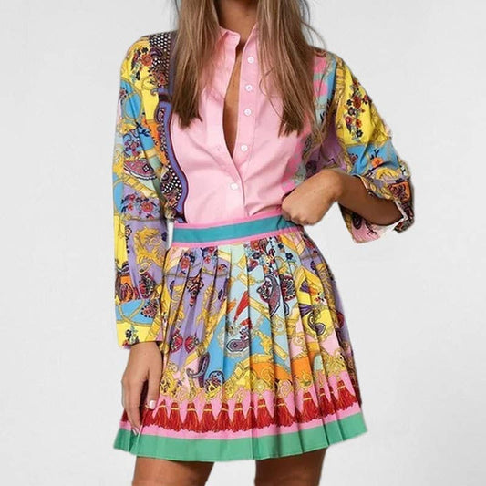 Long Sleeve Shirt And Pleated Skirt Set: PINK