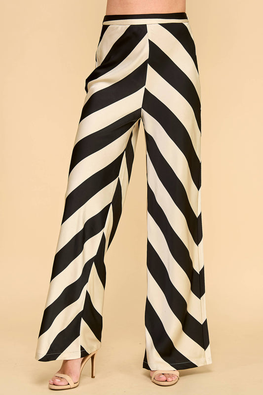 CP10253-Chevron Stripes Elastic Band Satin Wide Leg Pants: Beige