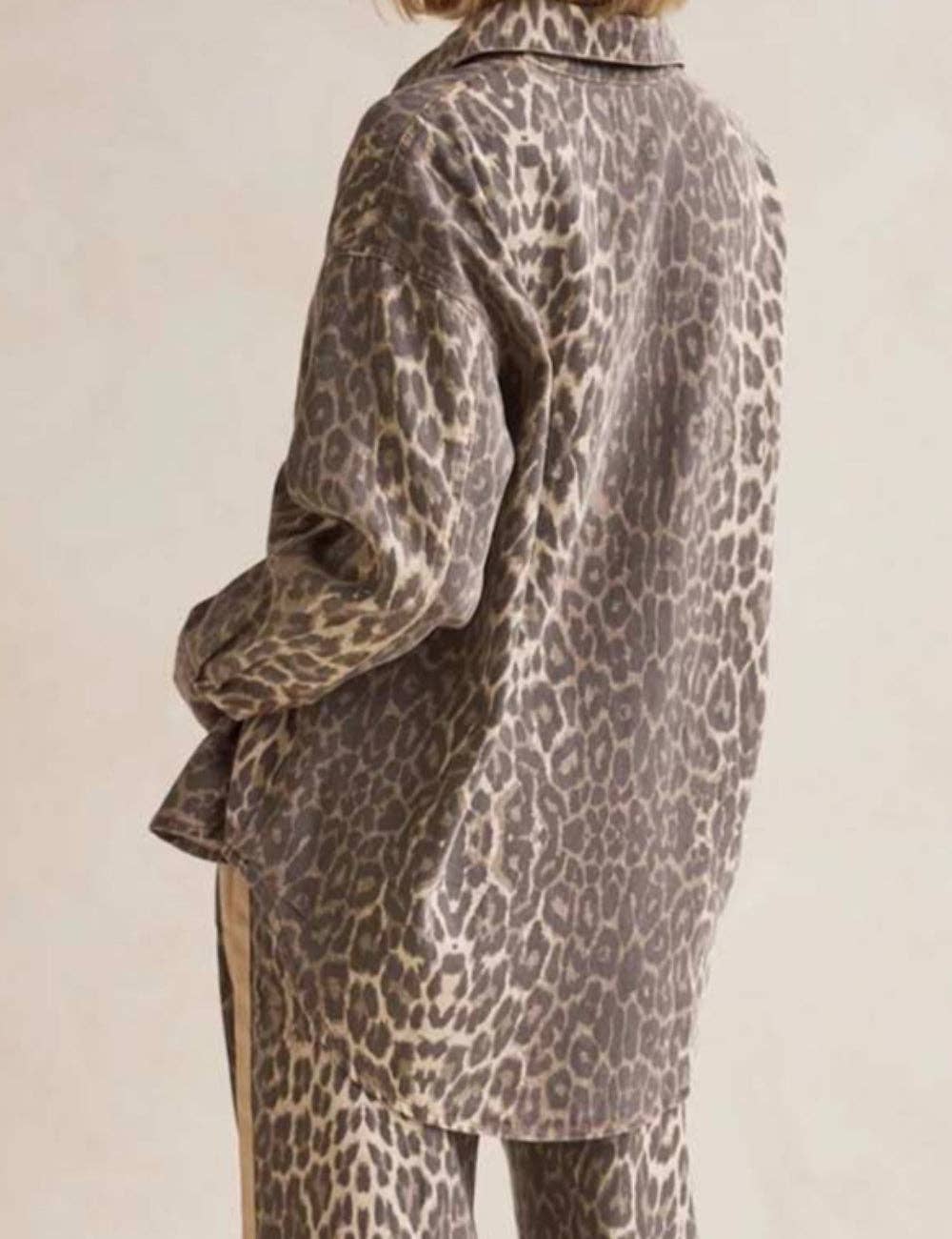 Ladies Leopard Turndown Collar Top & Skirt Denim Set: Leopard