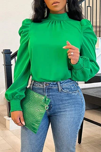 Solid stand collar puff sleeve tie neck blouse: Hot Pink