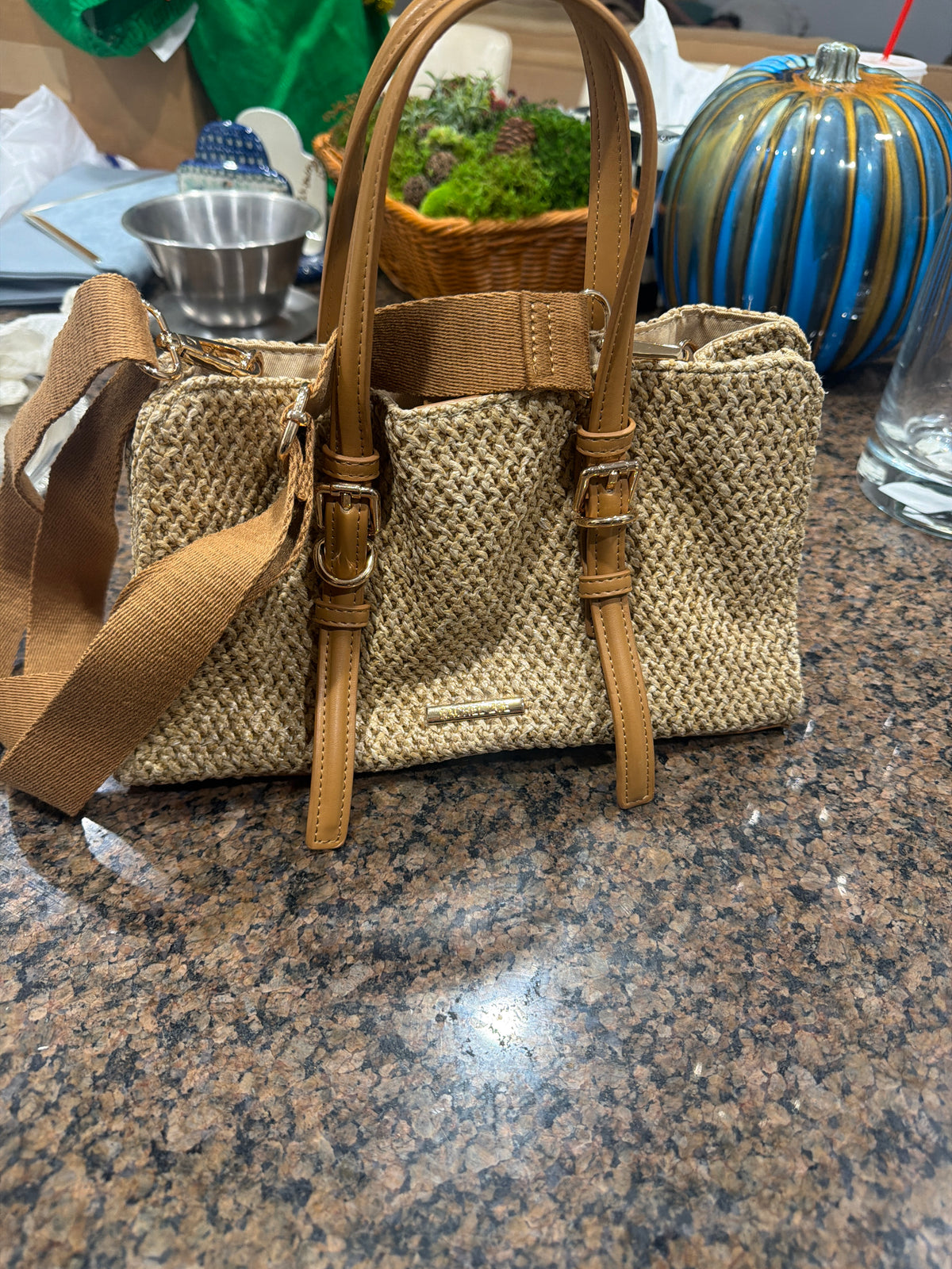 Rachel Zoe Tan Woven Straw Satchel Bag,