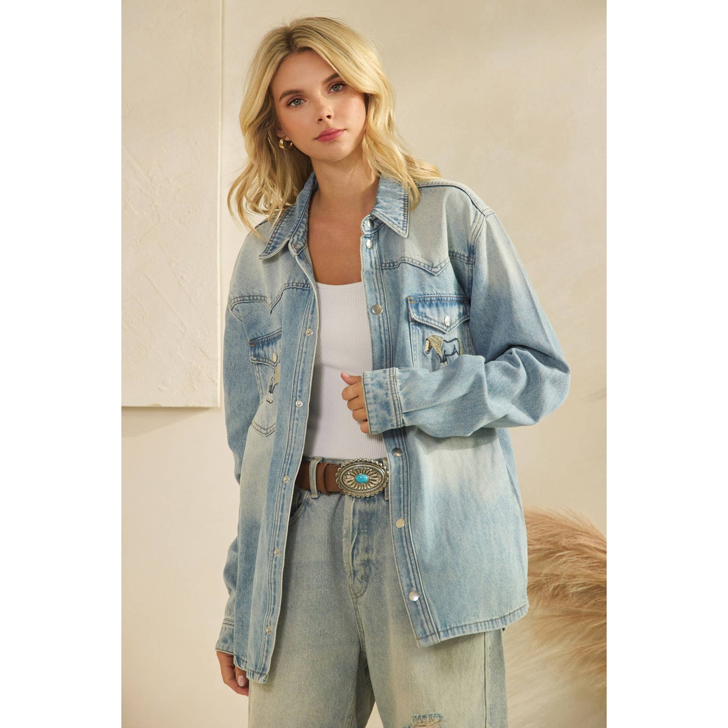 Denim Jacket with Horse Embroidery: Medium Wash