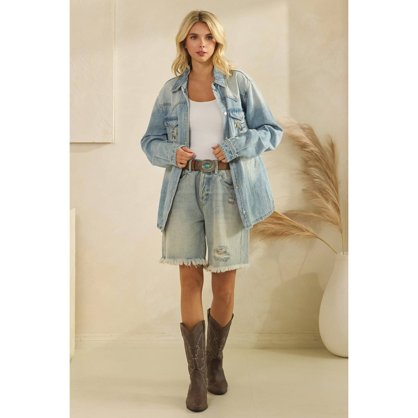 Denim Jacket with Horse Embroidery: Medium Wash