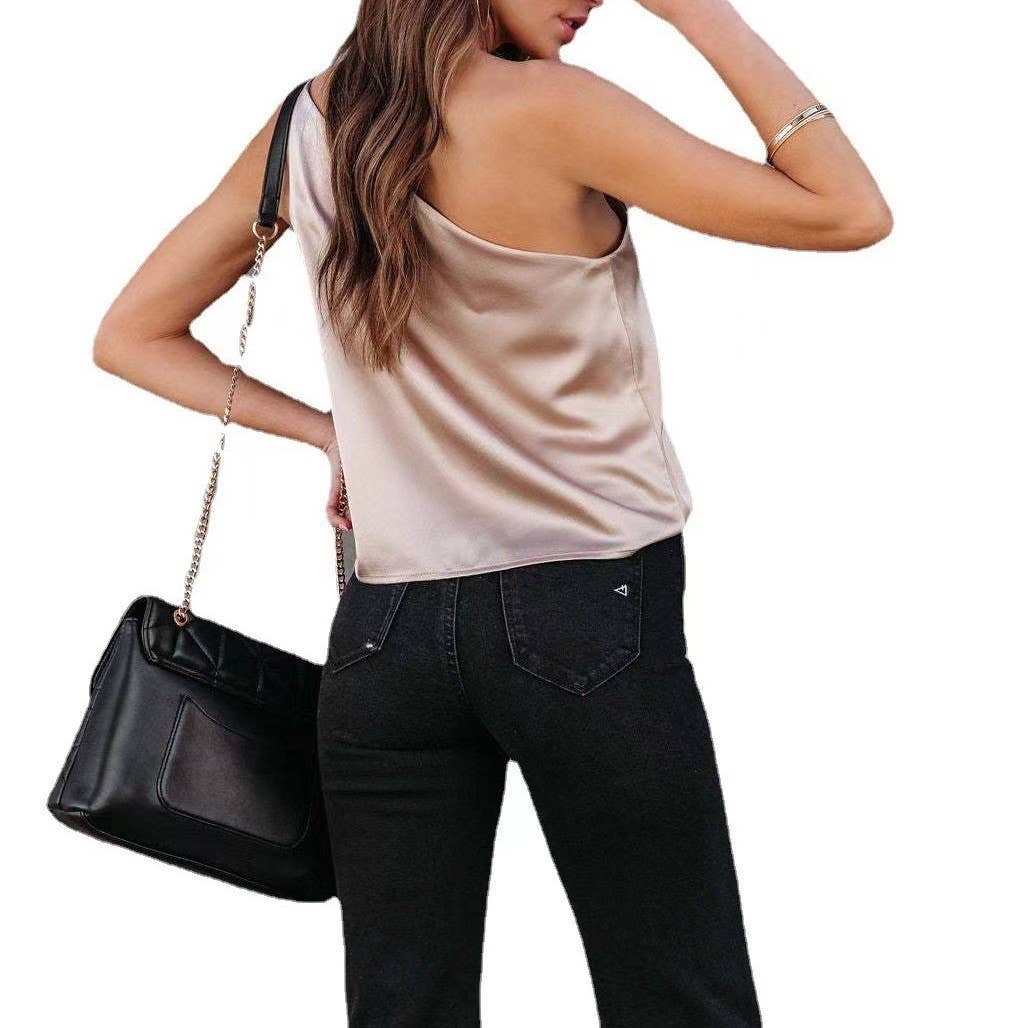 New satin blouses with loose casual slant straps: Black / XL