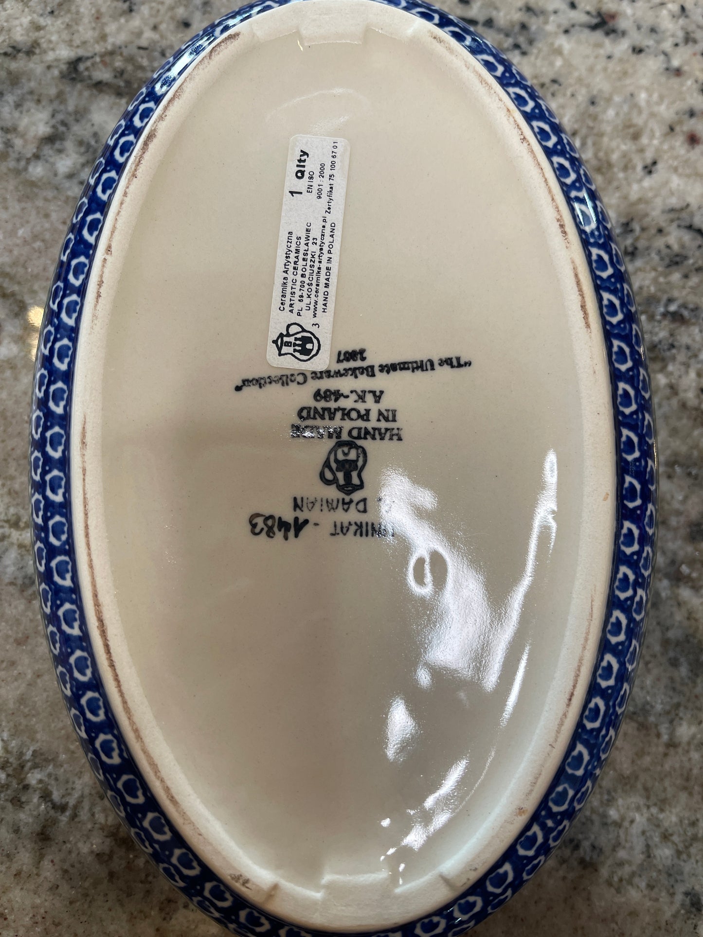 Bakeware Polish Pottery Unikat-1483 9”Oval Baking Dish Lakeside Bluebells