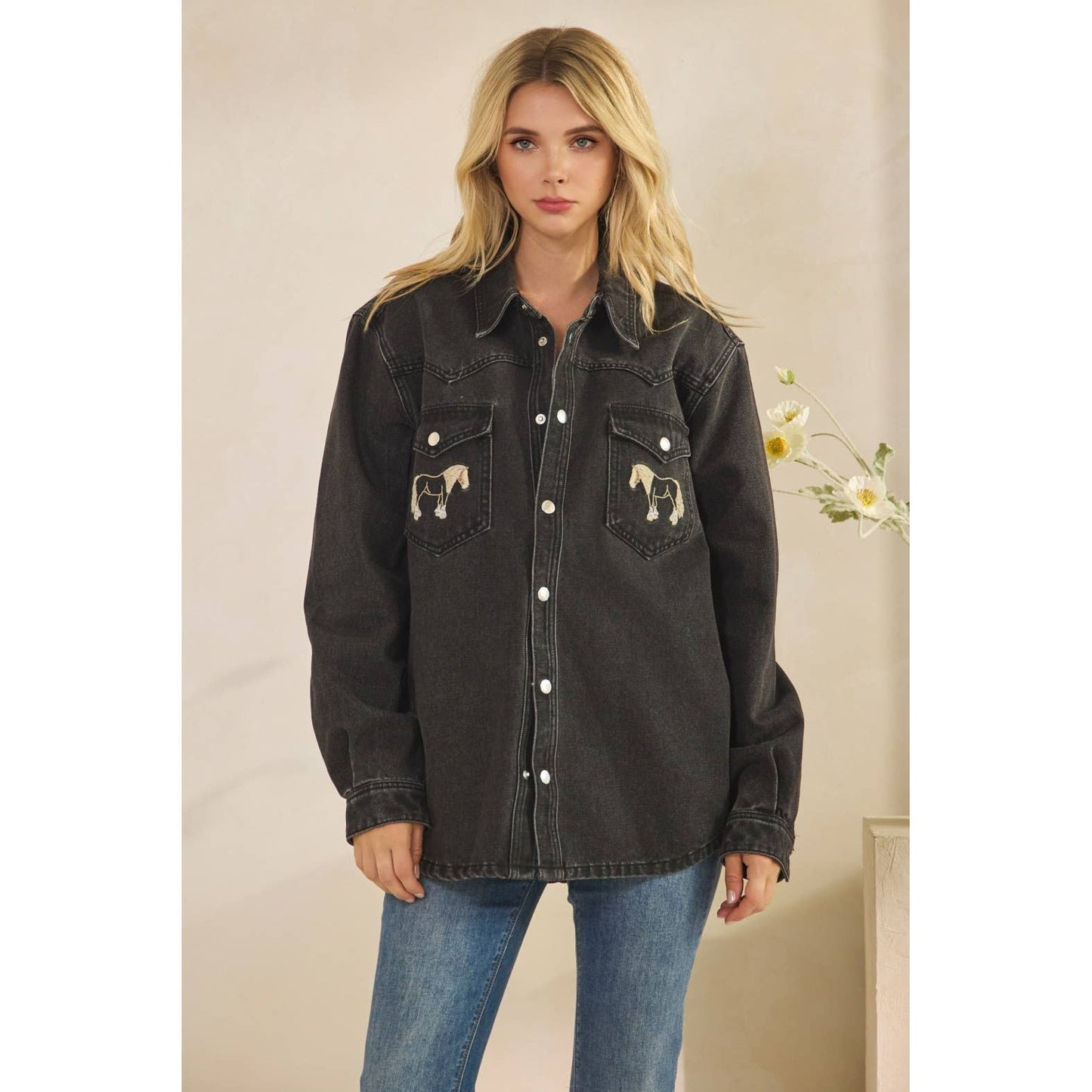 Denim Jacket with Horse Embroidery: Medium Wash