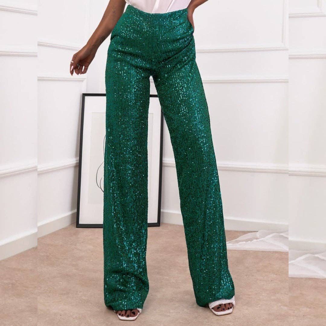 Sweetkama Ladies Solid Glitter Sequin Long Loose Pants: