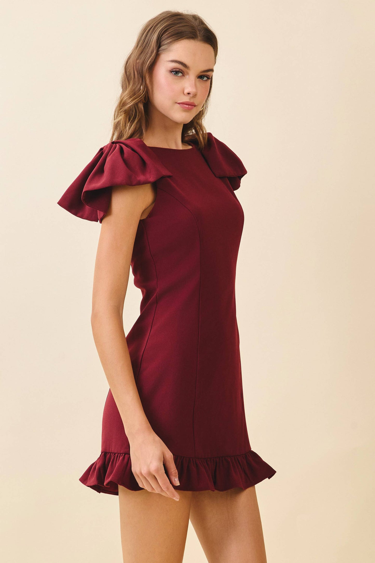 CD05924-Dramatic Layered Puff Sleeves Boat Neckline Dress: IVORY