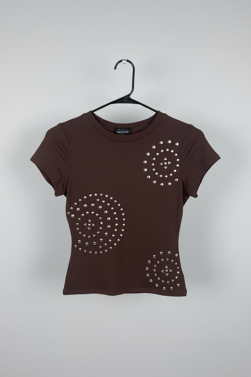 It Will Work Out" Studded Top in the shade Dark Chocolate by the Australian fast-fashion brand White Fox Boutique.