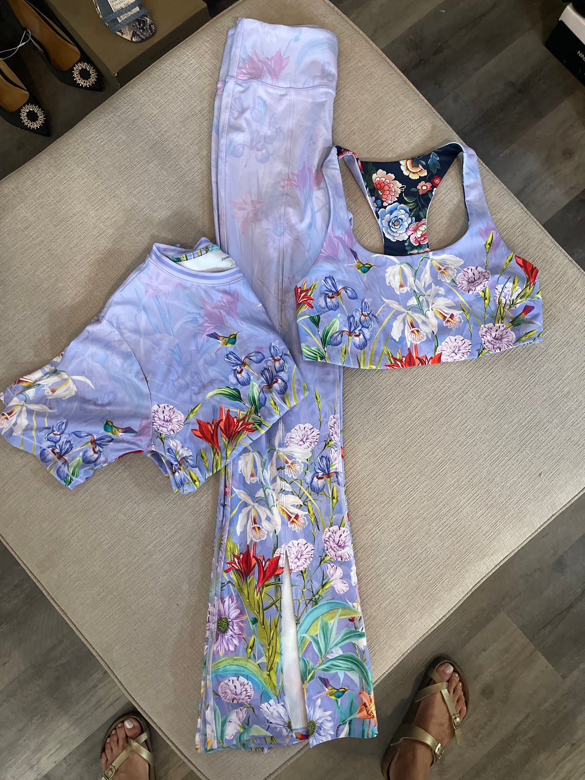 Johnny Was "Bee Active" collection, specifically featuring the vibrant Daphne Purple floral pattern 3 pc